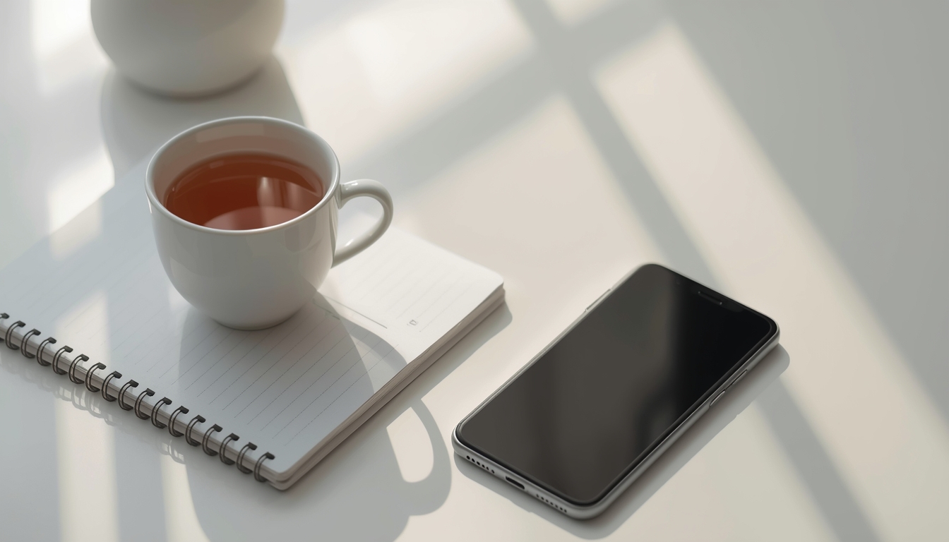 Morning light on a desk with a cup of tea, notebook, and phone face-down — illustrating a distraction-free morning routine